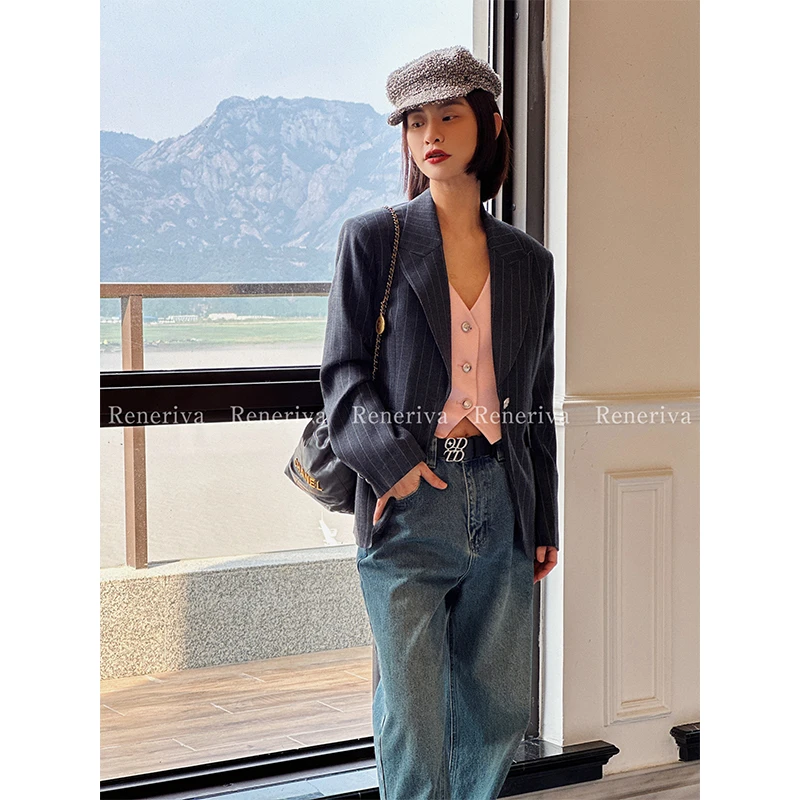 ODTD  灰色条纹假两件马甲拼接西装外套