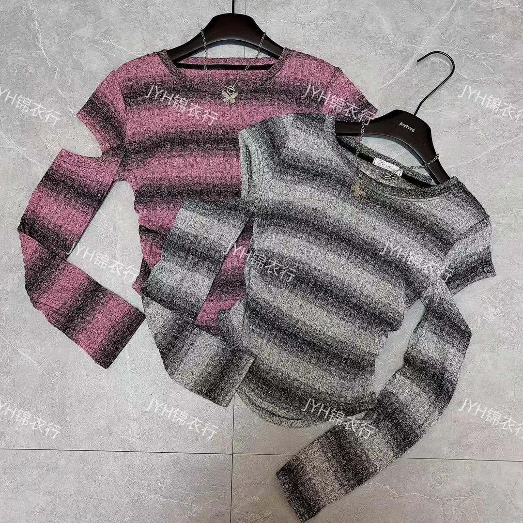 【JYH】早秋季渐变条纹百搭圆领正肩时尚T恤修身显瘦长袖女装上衣