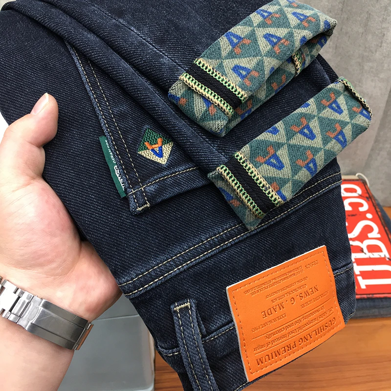 高端印花加绒牛仔裤男九分裤冬季厚款保暖磨毛修身小脚抓绒长裤子