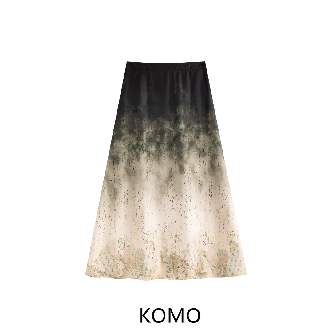 新中式水墨直喷印染渐变色国风渐变印花春夏复古女装半身裙 1050