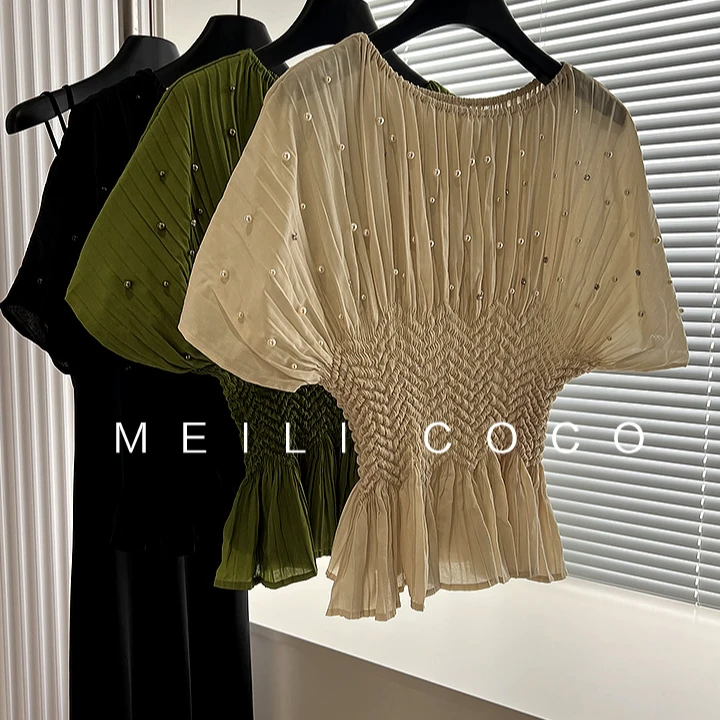 减龄重工钉珠压褶三宅荷叶边短袖衬衫通勤气质高端上衣女2024新款