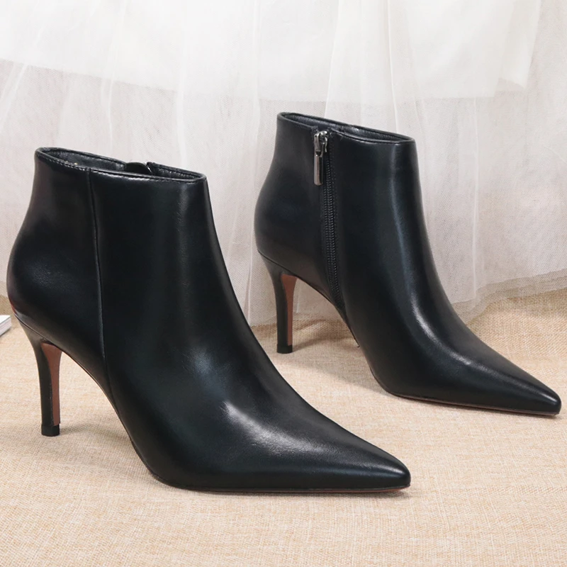 秋冬尖头细高跟侧拉链黑色哑光及踝靴加绒保暖简约短筒靴女7286/1