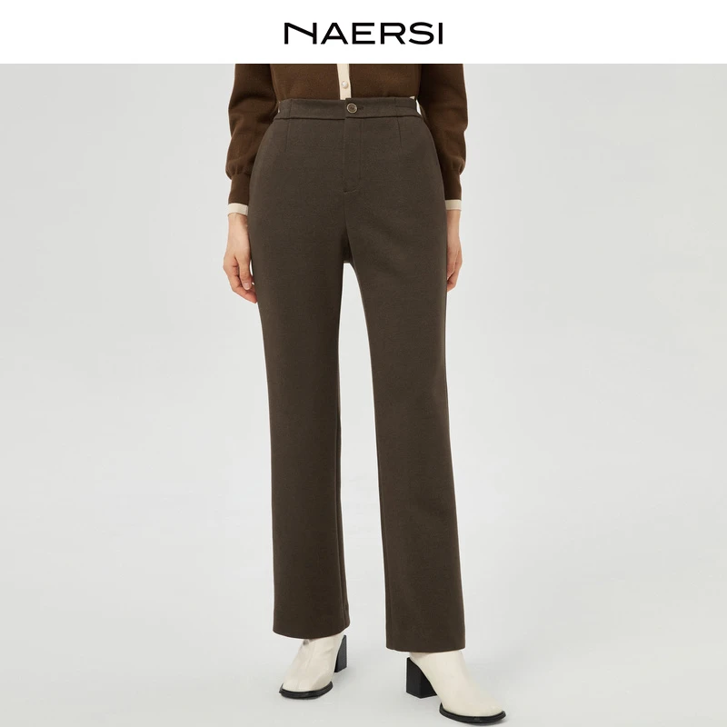 娜尔思绒感直筒裤高腰休闲气质时尚宽松毛呢长裤女士NV04261C4