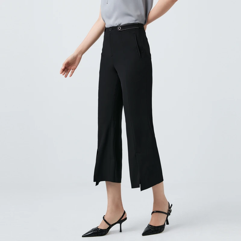 娜尔思黑色简约气质通勤显瘦九分微喇裤女24春新款西裤NV03490W0