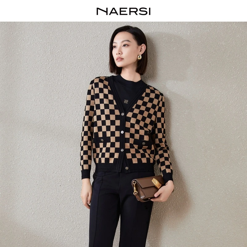 娜尔思气质针织时尚百搭复古经典格纹棋盘格外套NI00