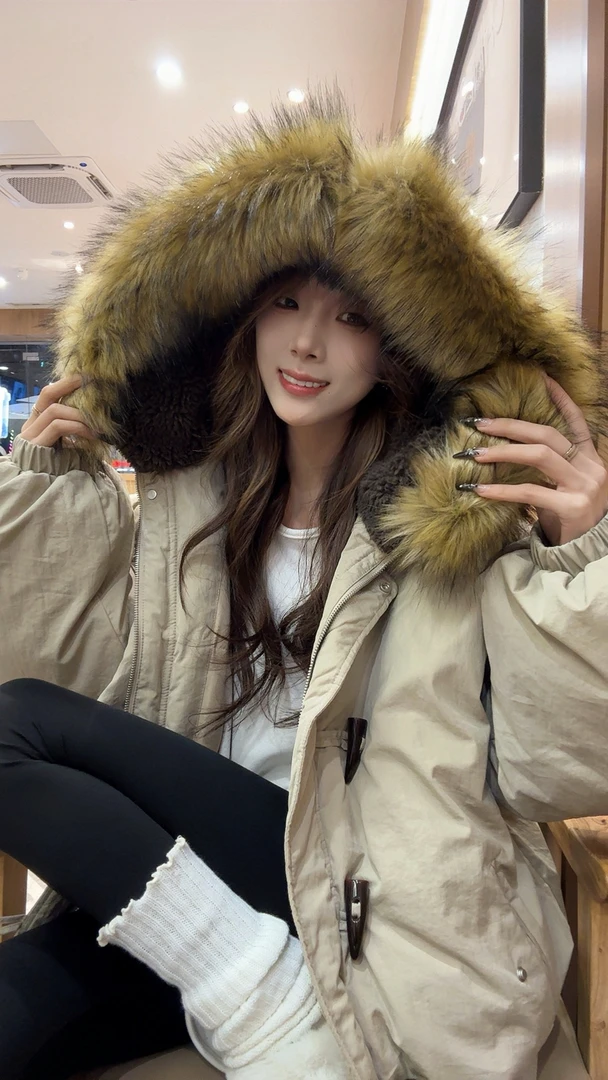 2024冬季保暖派克服设计款仿貉子毛环保毛领休闲百搭连帽外套