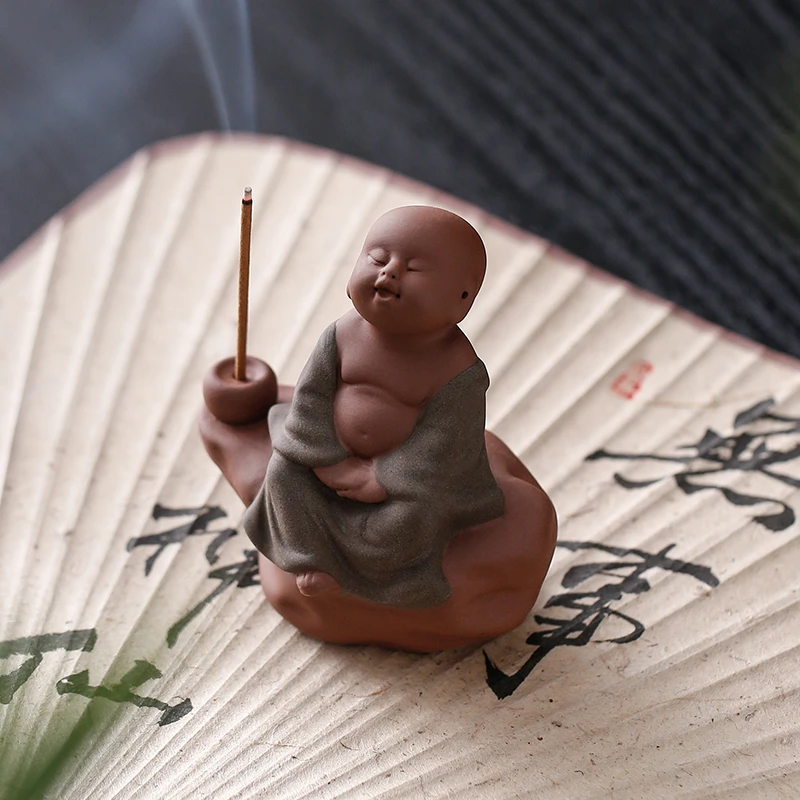 复古中式小和尚线香炉可爱小沙弥香插香托香座创意茶宠摆件装饰品