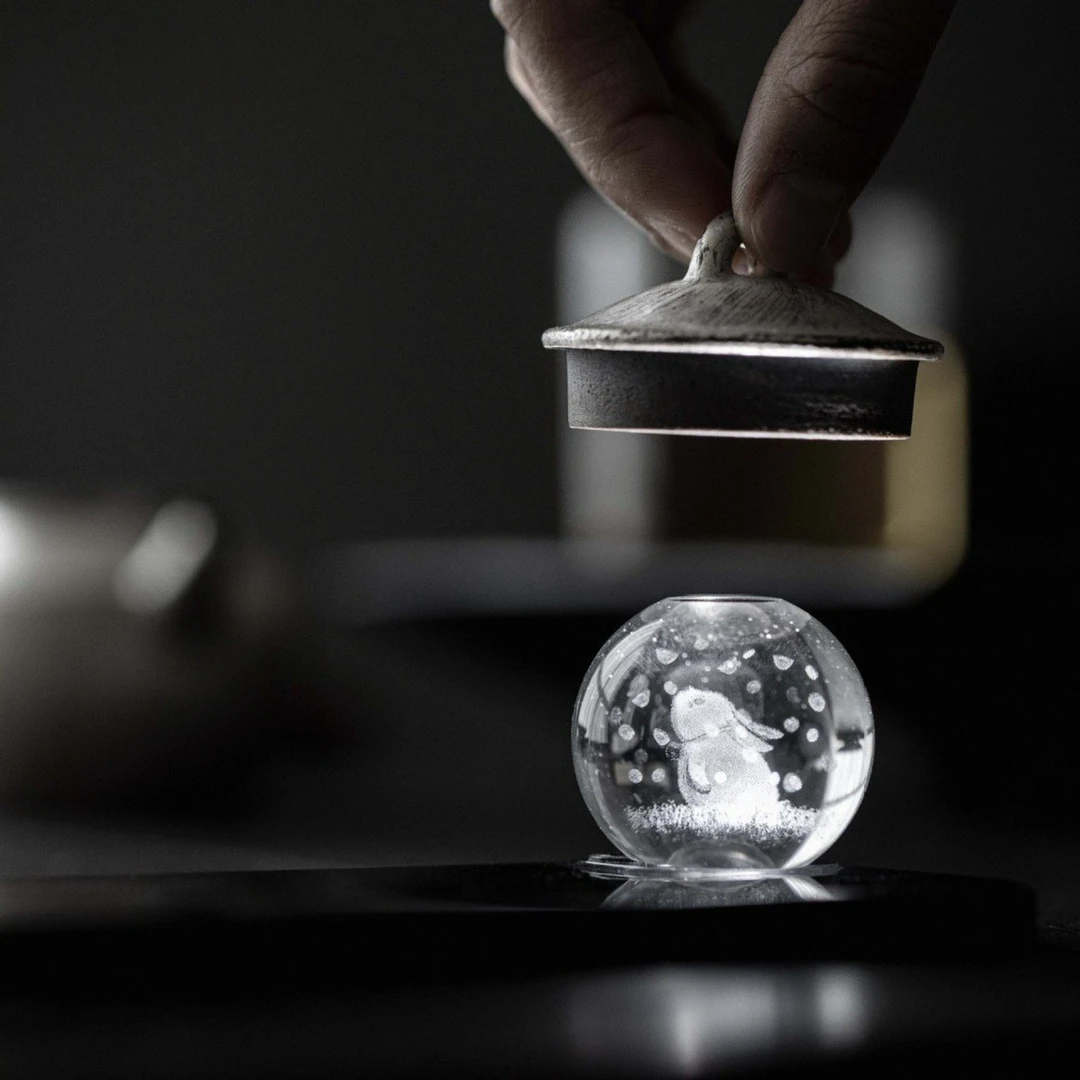创意水晶小兔子盖置茶玩望月兔金钱兔盖碗紫砂壶置盖治愈茶道配件