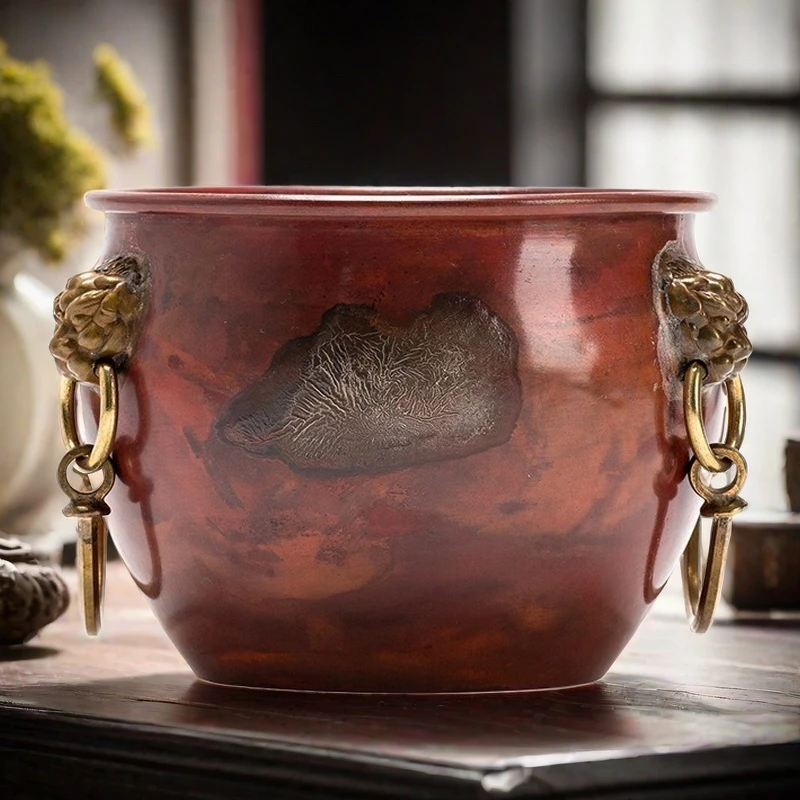 紫铜双狮耳茶水缸室内家用禅意香炉平底供炉香道茶道茶具茶杯大缸