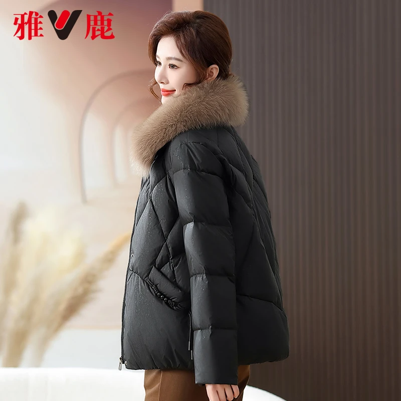 雅鹿短款羽绒服女款冬季女士时尚狐狸毛领保暖90中老年女装妈妈装