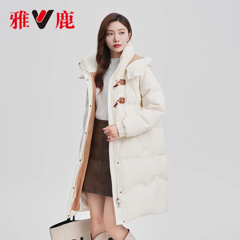 雅鹿中长款羽绒服女2025年冬季新款时尚宽松保暖连帽加厚休闲外套