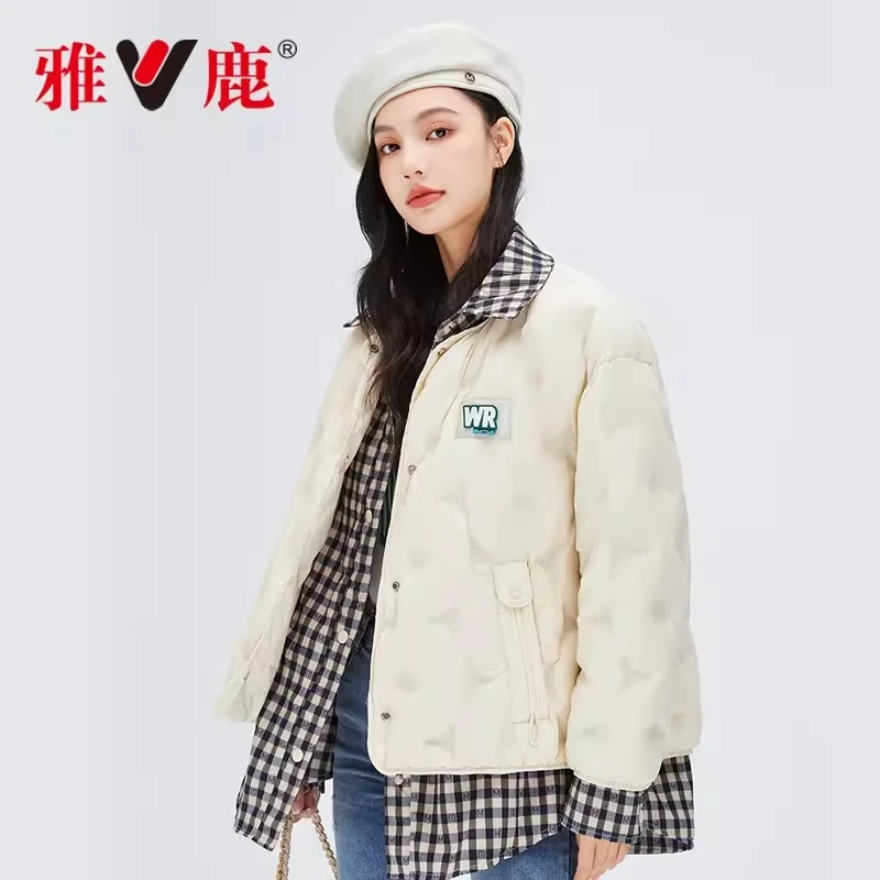 雅鹿轻薄羽绒服女衬衫领短款假两件秋季外套鸭绒宽松撞色轻羽绒薄