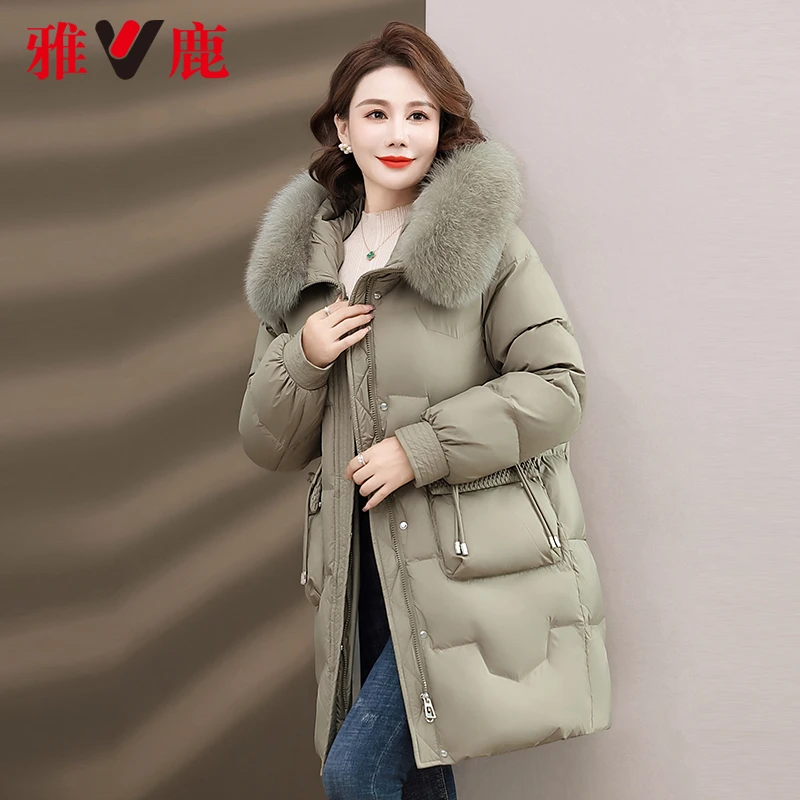 雅鹿官方旗舰店中长款连帽冬季羽绒服女中老年妈妈装妈妈款羽绒服
