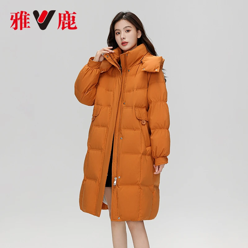雅鹿中长款羽绒服女2024冬季新款时尚休闲可拆防风连帽羽绒外套女