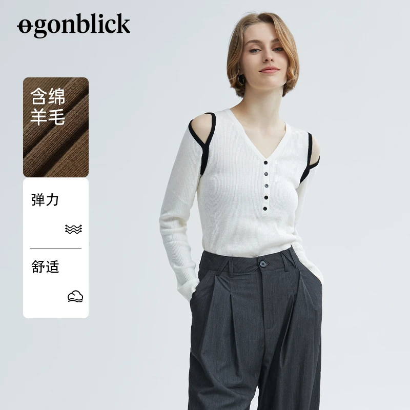 【北欧时刻】镂空露肩针织衫新款小众修身显瘦上衣E21317311213