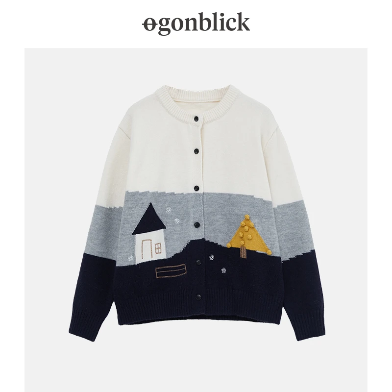 北欧时刻设计感提花刺绣圆领撞色毛衣女冬季宽松显瘦针织开衫外套