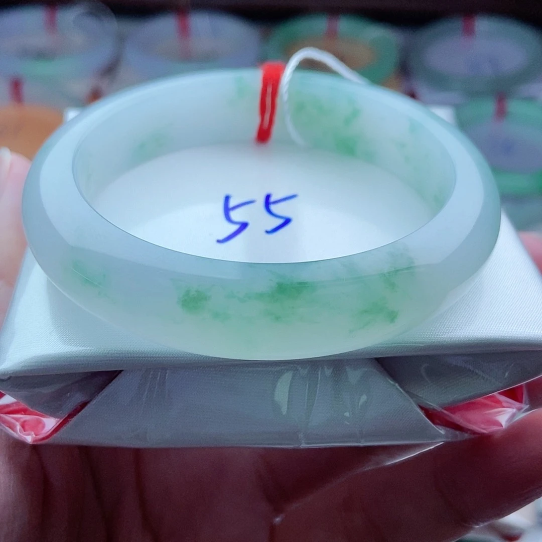 0548编55冰飘花胶润底冰清玉洁镯天然缅甸翡翠A货传承55，12.3，8.5