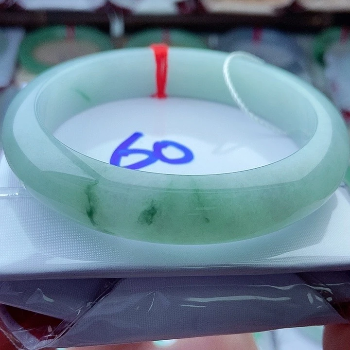 0562编60冰润飘花绿底优雅平安镯天然缅甸翡翠A货传承60，12.8，8.5