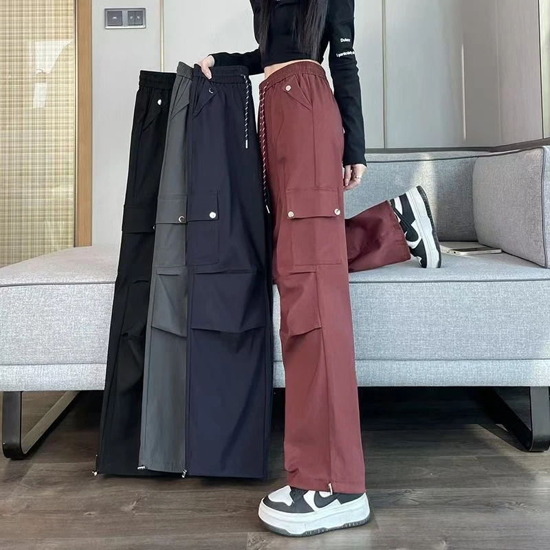 【新品促销】高档美式工装裤女春秋季高腰宽松显瘦休闲阔腿运动裤女