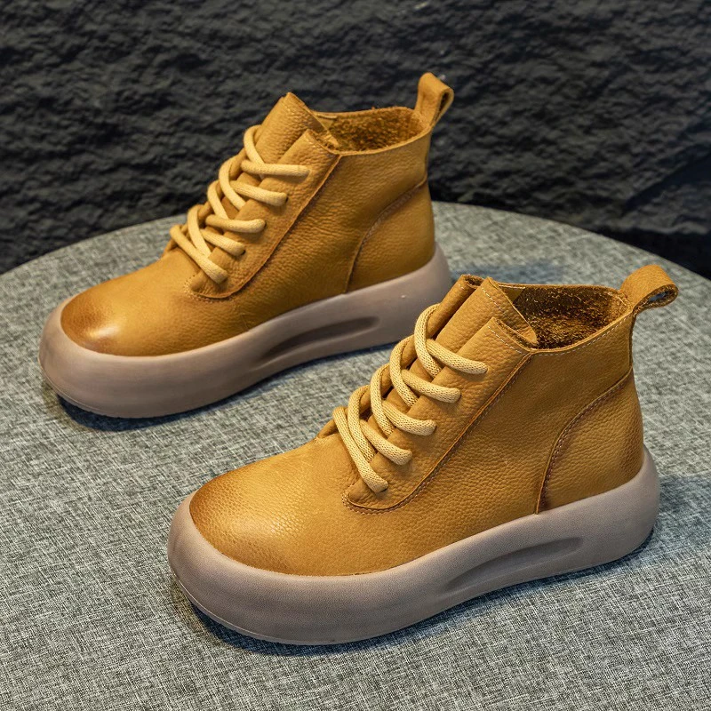 蜻蜓牌头层皮质厚底高帮鞋女秋冬复古靴子系带圆头短靴
