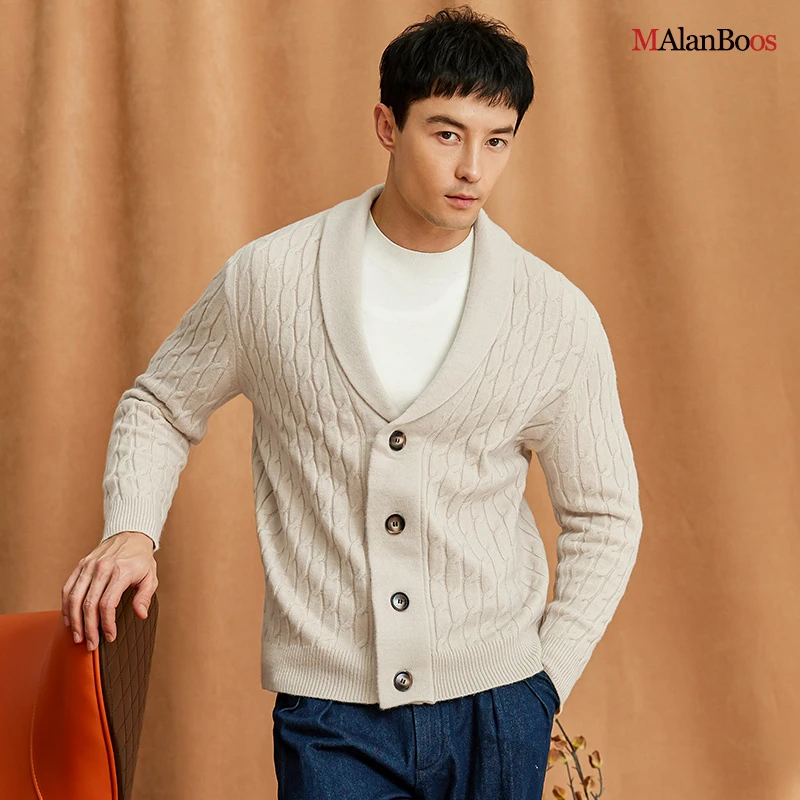 秋冬新款含羊毛不易起球青果领麻花毛衣外套加厚时尚宽松绞花针织