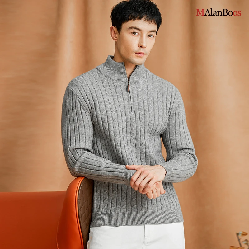 时尚款！MAlanBoos秋冬新款0纯色经典风球半高拉链领绞花毛衣加厚