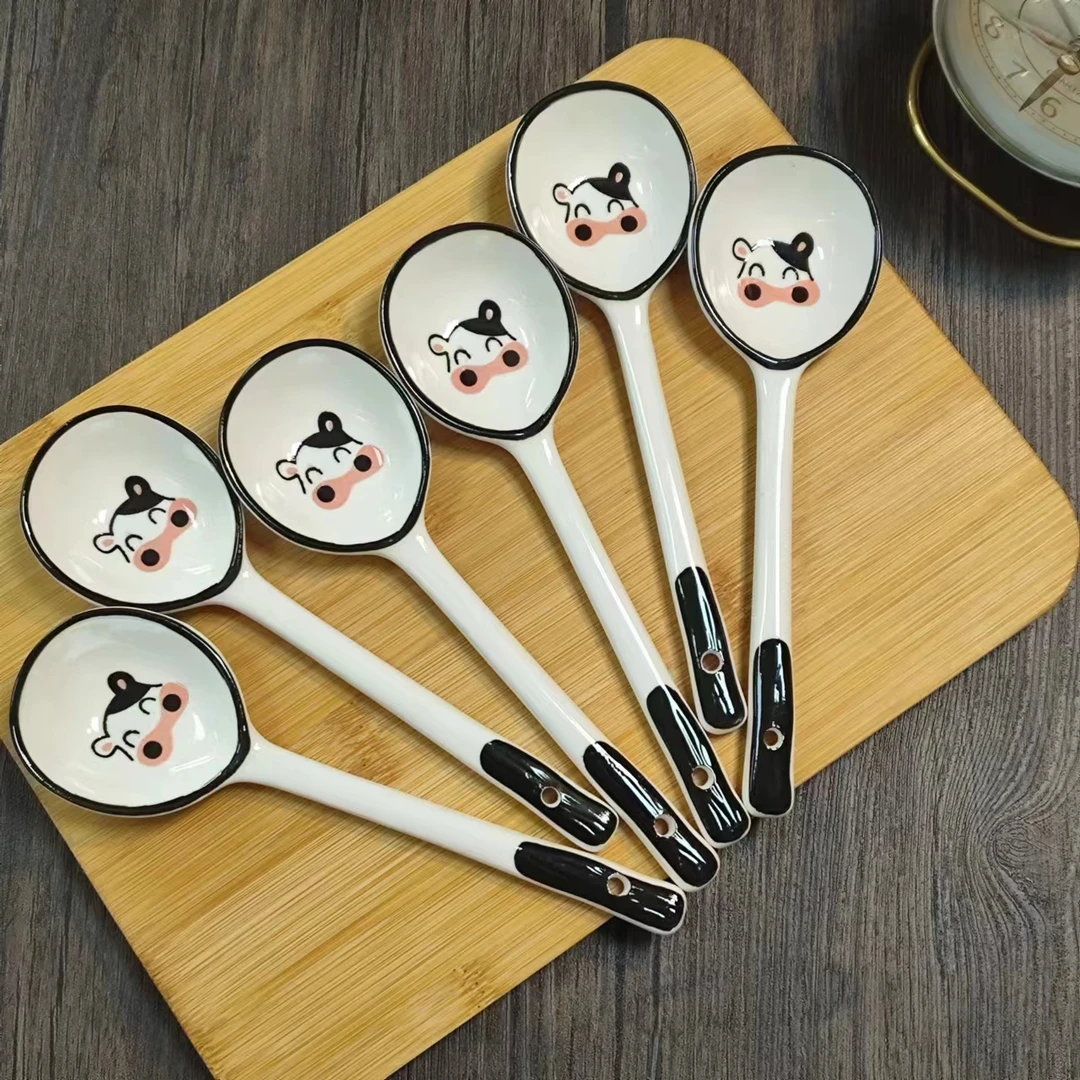 网红家用长柄陶瓷勺子创意吃饭喝汤搅拌勺可爱手绘高颜值6只装