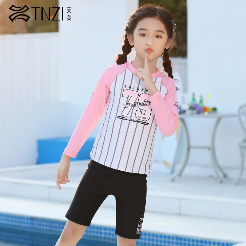 TNZI天姿新款儿童泳衣女孩分体女童中大童保守运动专业训练游泳衣