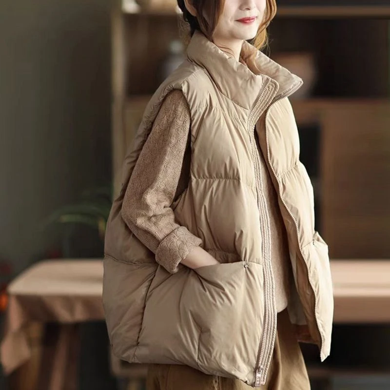 新款2023羽绒服特大码斤坎肩马甲女冬季胖复古立领宽松服背心无袖