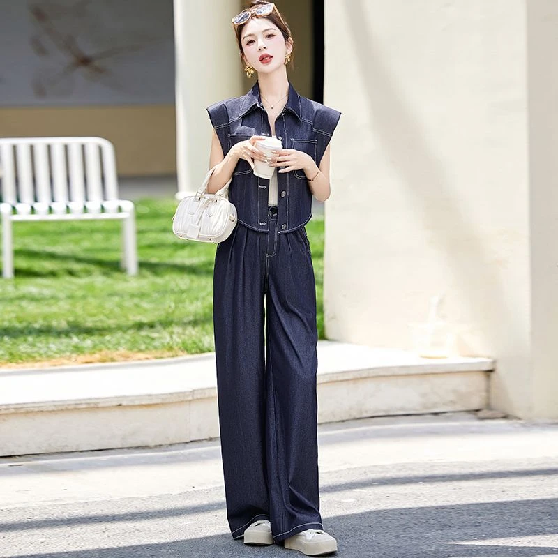 时尚牛仔套装女夏季2024新款时尚洋气无袖马甲阔腿长裤休闲两件套