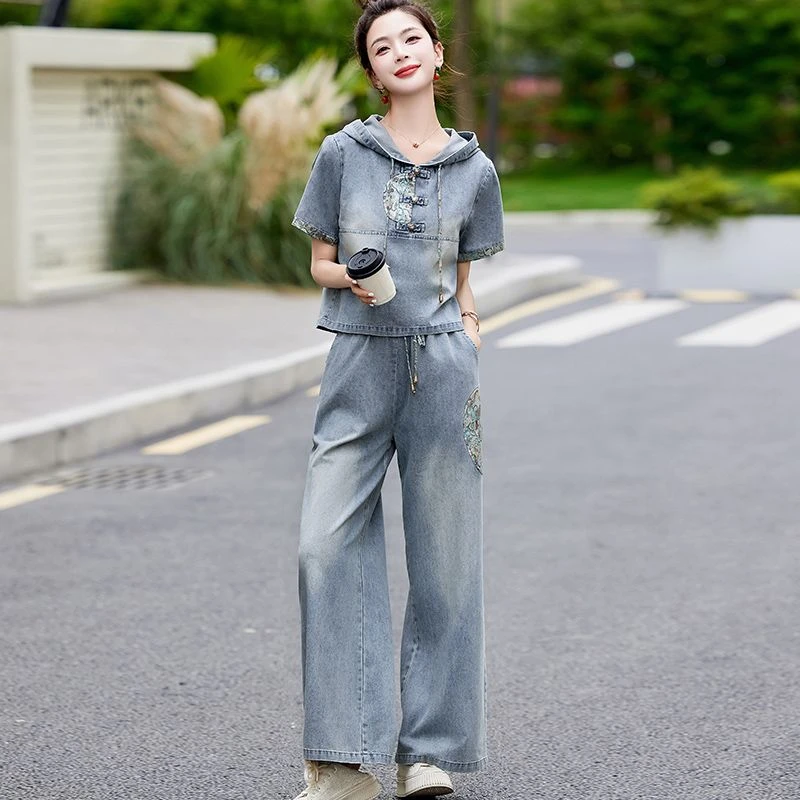 新中式盘扣印花洋气连帽套装女2024夏季新款国风复古阔腿裤两件套