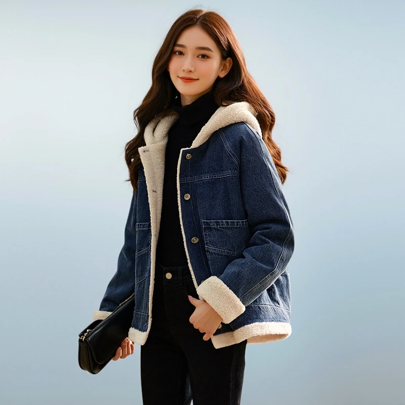 2024冬季新款韩版派克棉衣复古加绒连帽牛仔外套宽松百搭加厚棉服