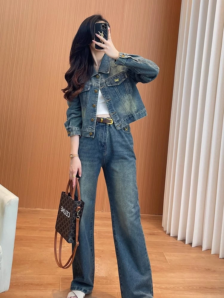 气质牛仔套装女2024年春秋装新款遮肉减龄短外套阔腿裤简约两件套