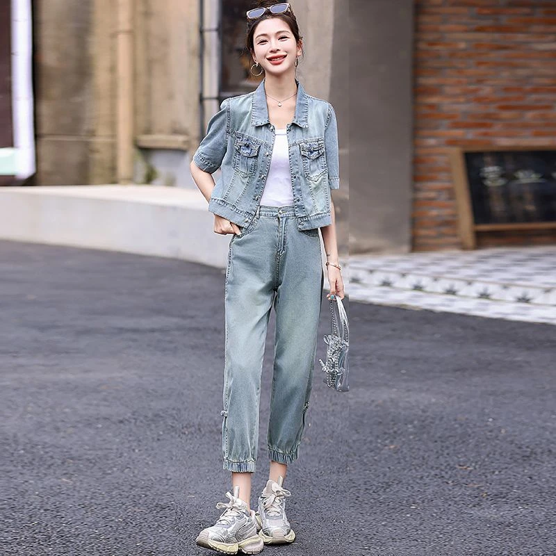 夏季薄款新中式牛仔套装女2024新款时尚休闲显瘦工装九分裤两件套