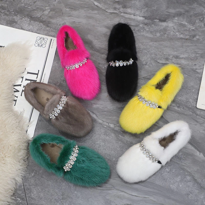 水貂毛防滑厚底一脚蹬加绒豆豆鞋女冬季新款整貂女冬外穿棉瓢棉鞋