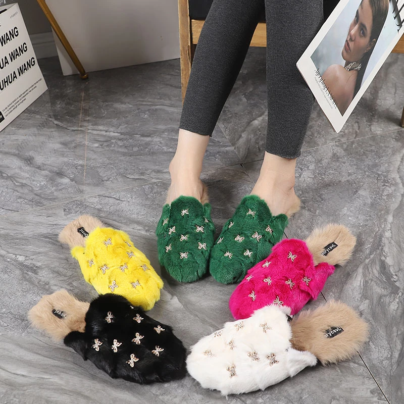 毛毛拖鞋女鞋2025新款水钻平底懒人一脚蹬外穿包头半拖毛毛鞋棉拖