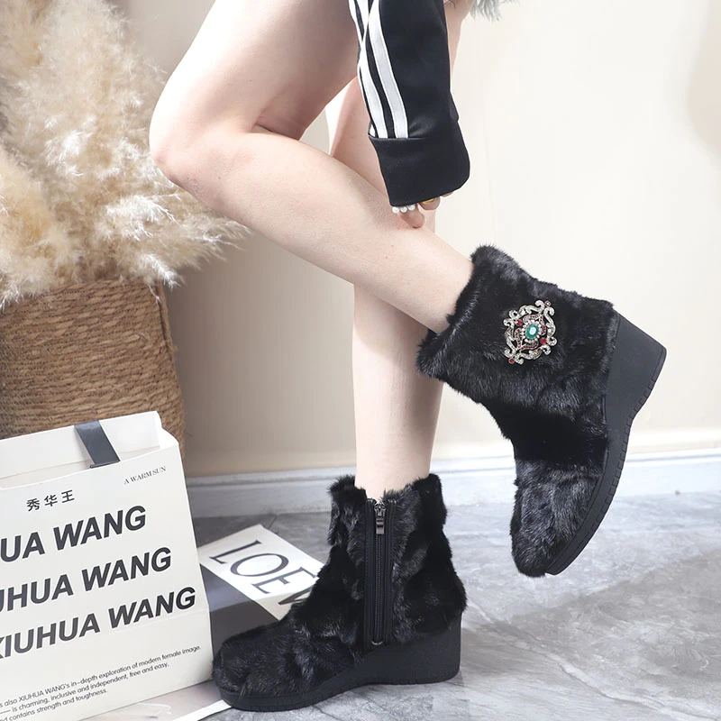 水貂毛坡跟厚底雪地靴2024冬季新款时尚百搭毛毛鞋女冬外穿貂毛鞋