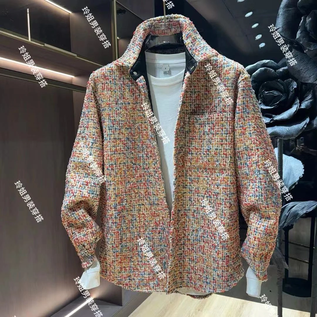 88061小香风彩色千鸟格男秋季2024新款设计感痞帅高级感衬衫外套