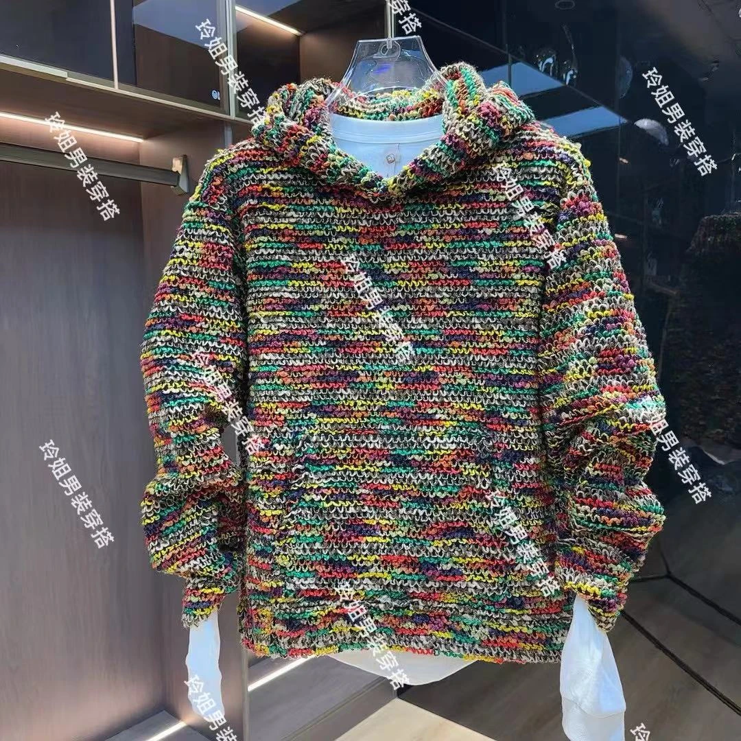 秋冬新款潮牌美式百搭连帽街头彩色毛线编织男女同款连帽宽松卫衣