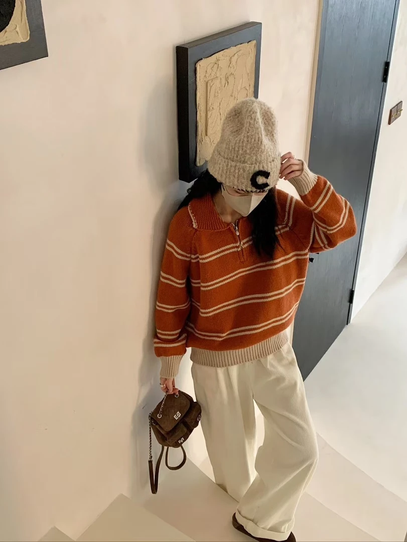 韩系拼色保暖毛衣秋装女新款半拉链翻领针织衫外穿撞色条纹宽松