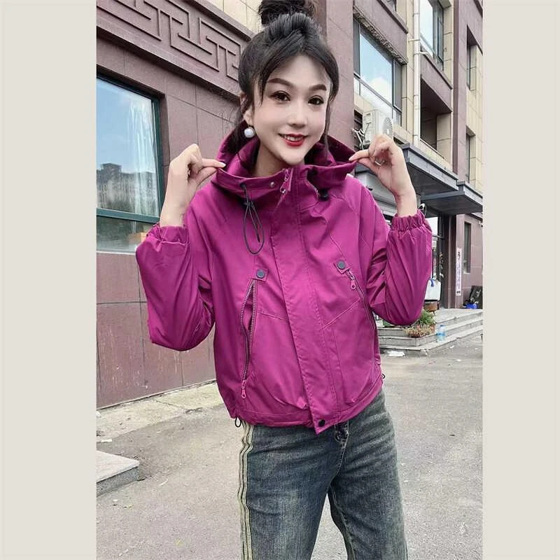 二棉冲锋衣外套女2024秋季新款宽松连帽休闲工装风衣短款薄棉夹克