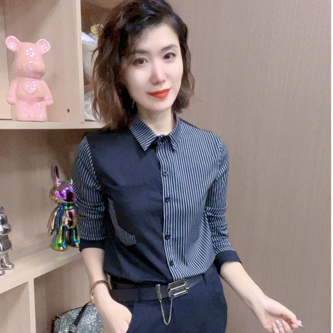 春秋显瘦气质长袖衬衫女修身洋气时尚百搭打底条纹韩版女士衬衣