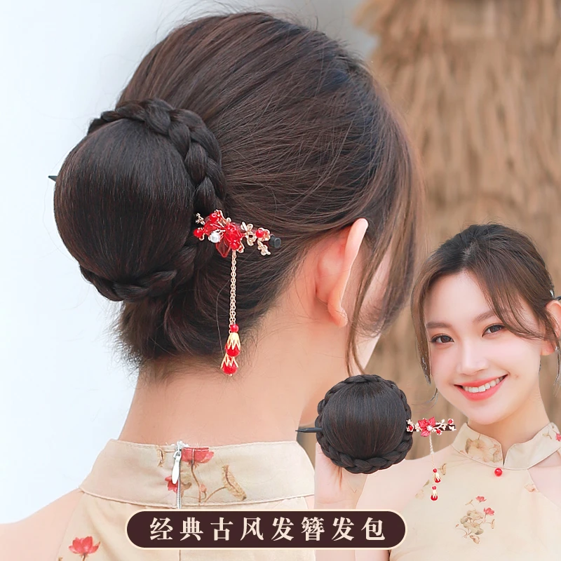 古装假发花苞丸子头假发髻盘发中式婚礼发饰旗袍步摇发簪假发包