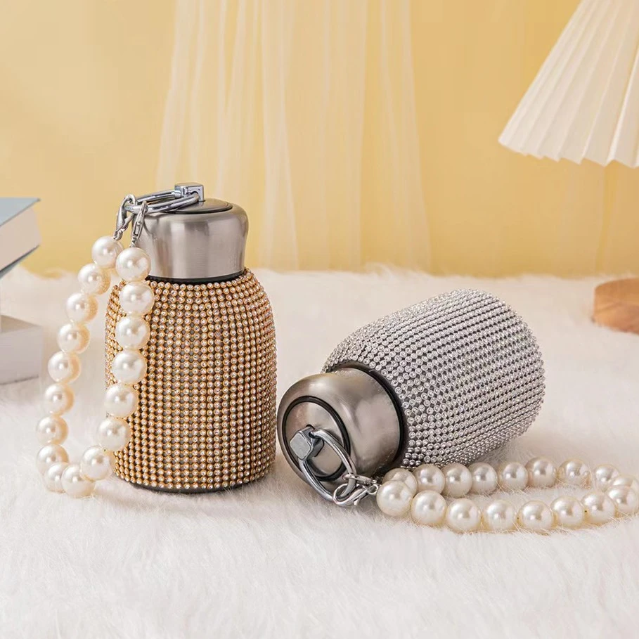 ins风镶钻保温杯家用保温杯304不锈钢珍珠链钻石杯