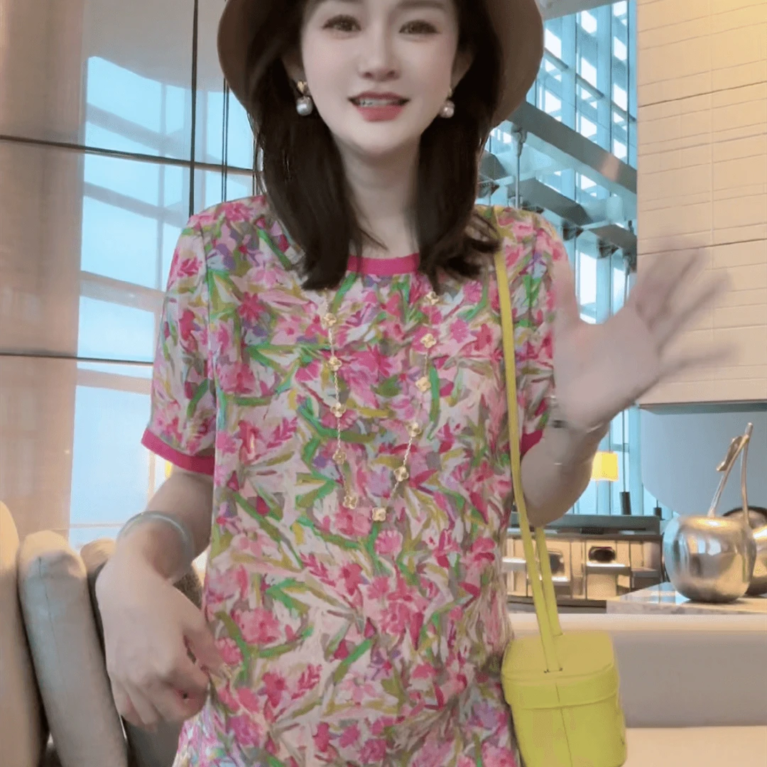 【深圳南油】(E806) 100%真丝双绉粉花碎花桑蚕丝女装连衣裙