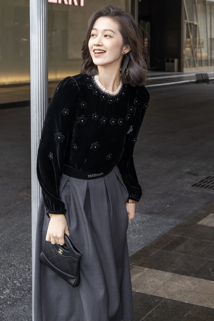 【丝芙玉禄】【F370】重磅100%真丝丝绒领口拼接大盘花真丝丝绒上衣