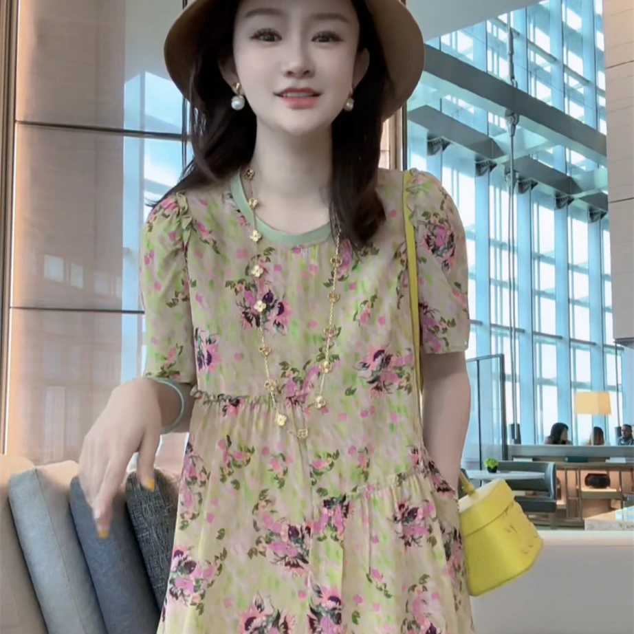 【深圳南油】【E751】100%真丝双绉印花碎花图案桑蚕丝女装连衣裙