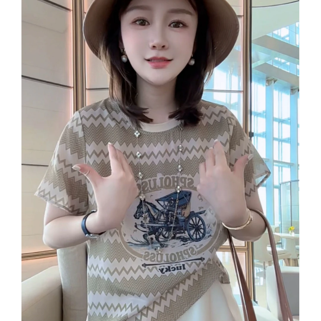 【丝芙玉禄】（F212）100%真丝双绉圆领波浪马车图案桑蚕丝t恤上衣