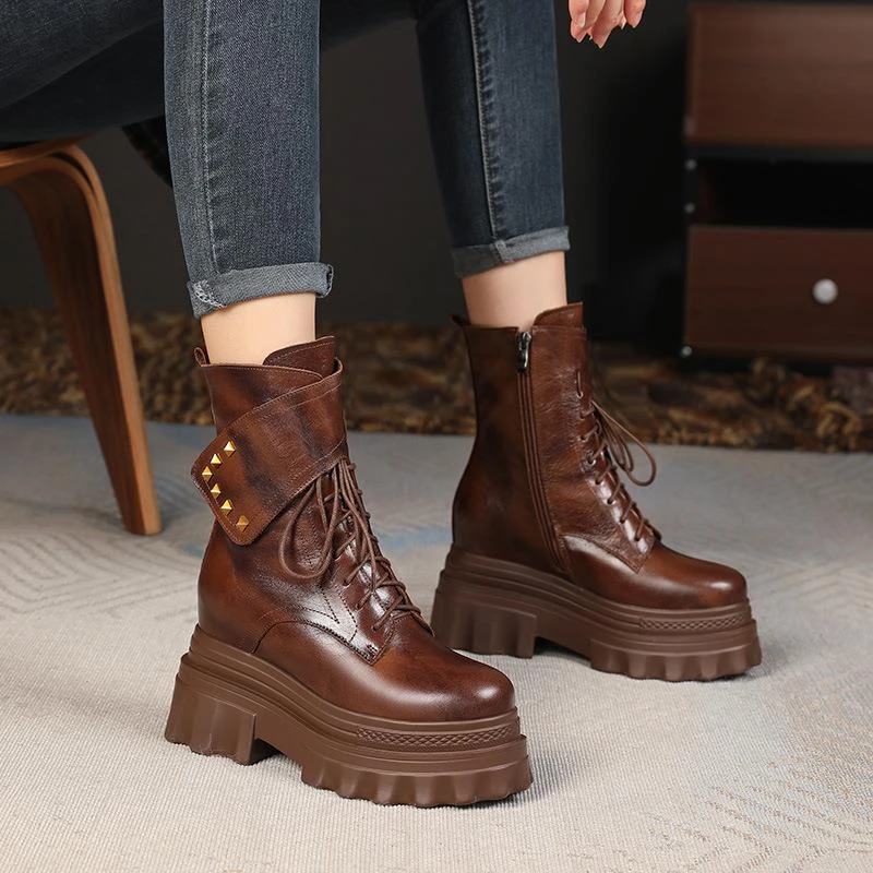 真皮！年秋冬季铆钉马丁靴新款内增高厚底高帮靴休闲百搭10cm女鞋