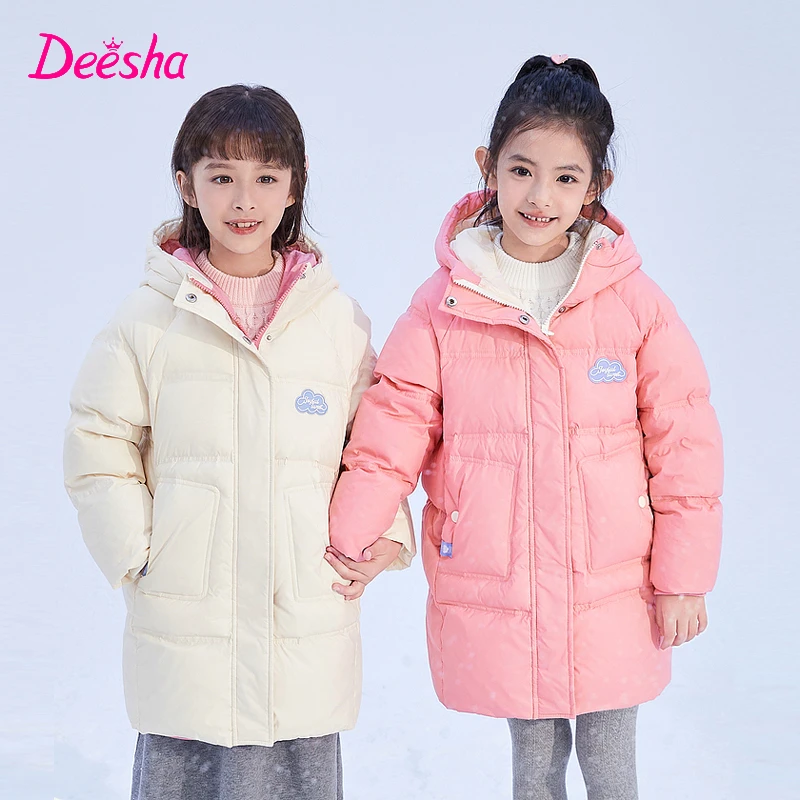 DEESHA/笛莎撞色三防面料羽绒服24抢鲜中长款连帽上衣女童加厚版
